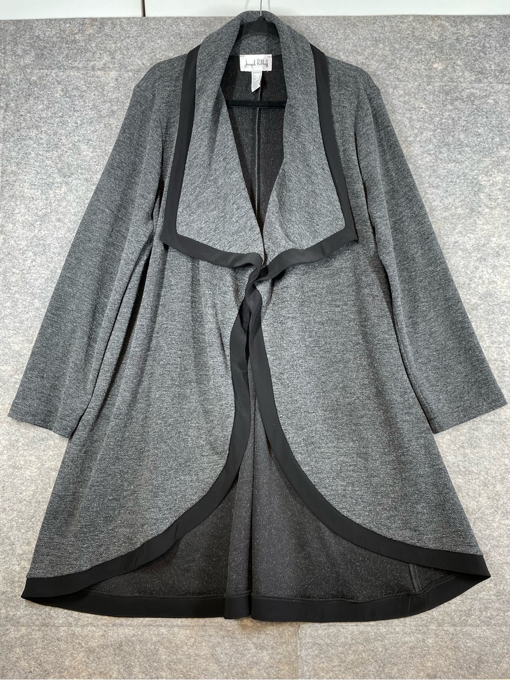 Joseph Ribkoff Grey Black Open Front Coat Cardigan Draped Lagenlook  Relax Chic